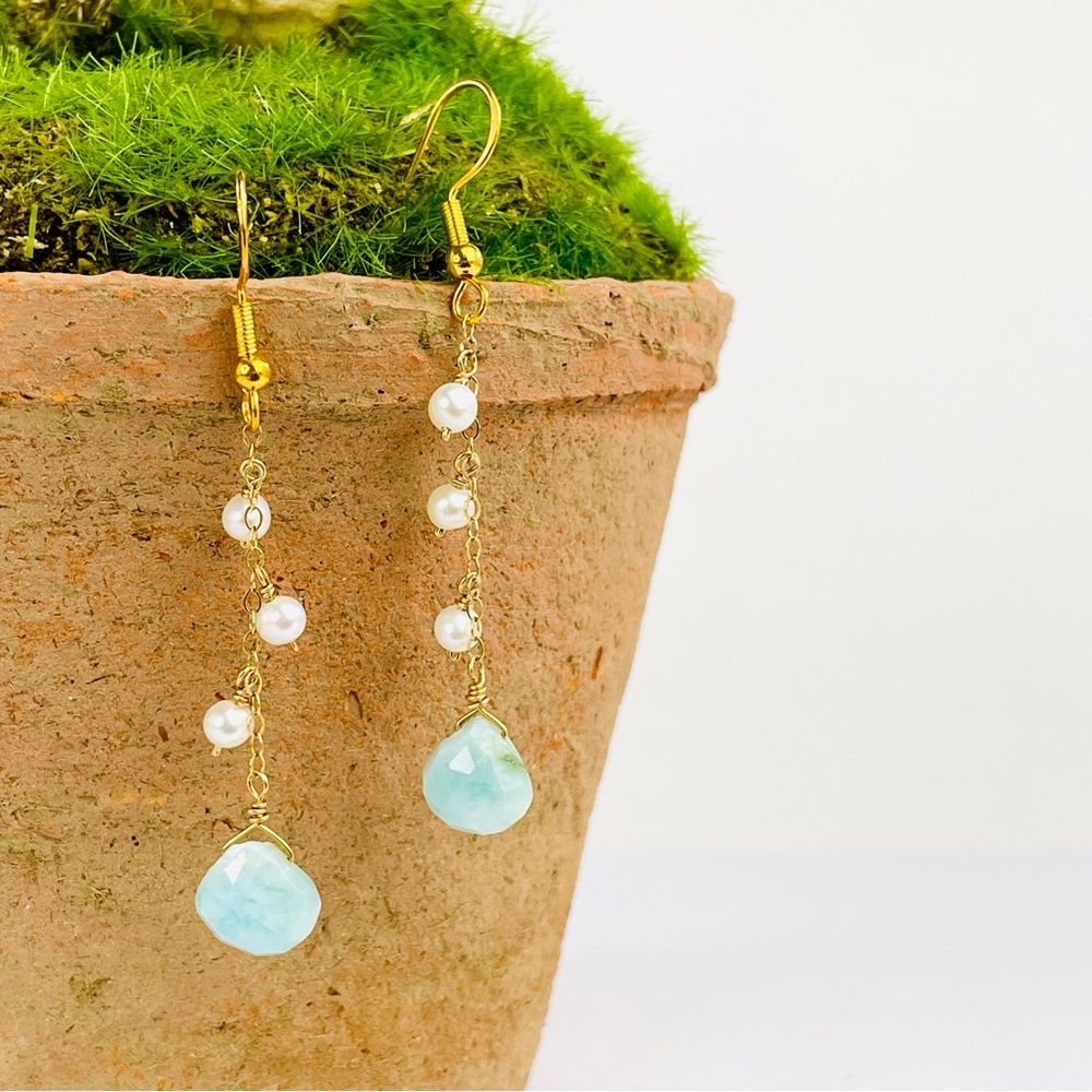 Larimar Teardrop with Freshwater Pearls Drop Dangle Earrings